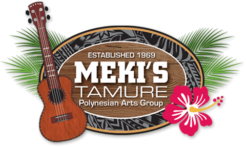 An image of the logo for Meki's Tamure Polynesian Art Group. It features a wooden sign with their name on it with a darker border. There is a guitar to the left, a flower to the right, and grass surrounding the left and right sides of the sign. 