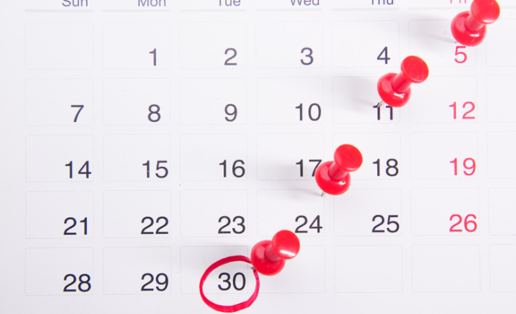 Calendar with red thumb tacks stuck on various days