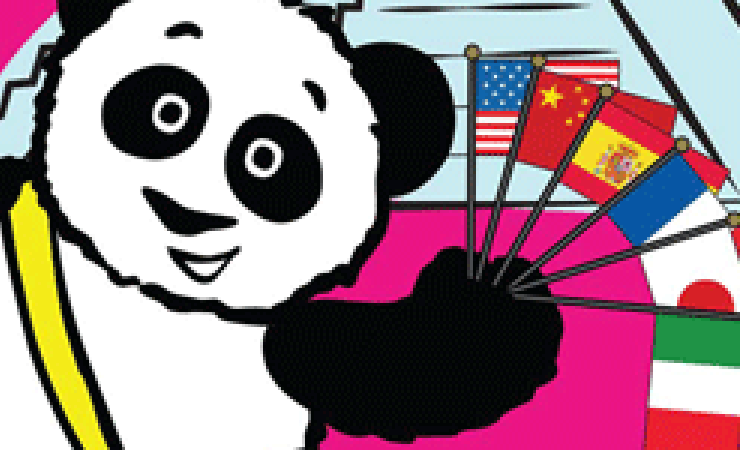 Little Pim Panda is holding flags of Mexico, Japan, France, Spain, China and the United States