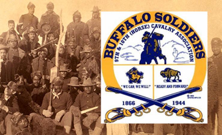 Buffalo soldiers of the 25th Infantry, some wearing buffalo robes and insignia
